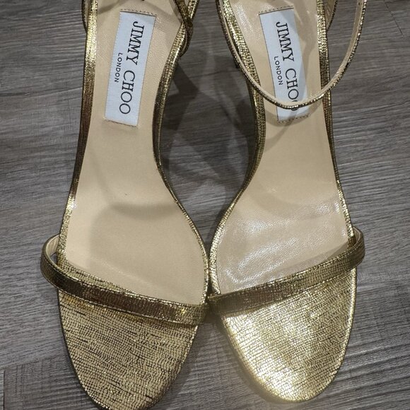 Jimmy Choo Minny 85 mm Gold Metallic Lizard Print Leather Heels Sandals - Picture 5 of 13